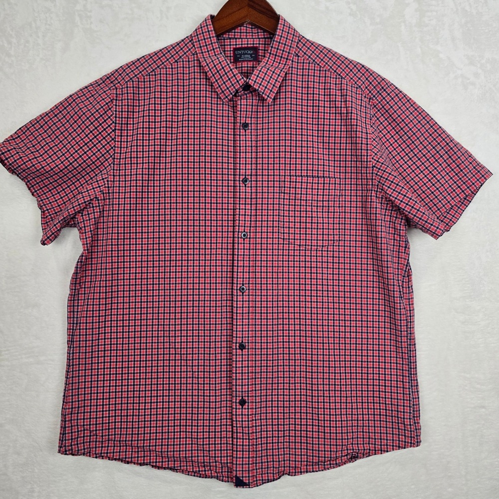 UNTUCKit Mayolet Mens XL Red Navy Plaid Short Sleeve Cotton Button Down Shirt